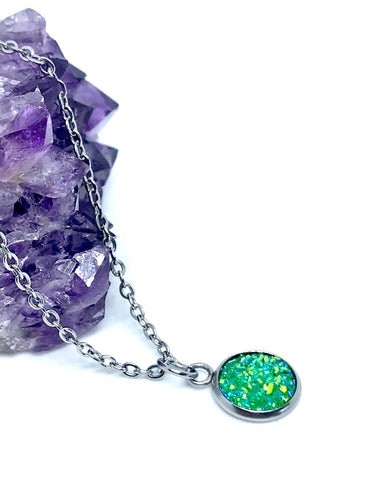 10mm Green Druzy Necklace (Stainless Steel)