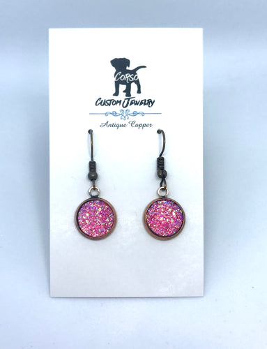 12mm Pink Druzy Drop Earrings (Antique Copper)