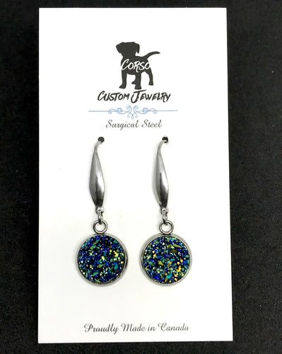 12mm Galaxy Blue Druzy Drop Earrings (Surgical Steel)