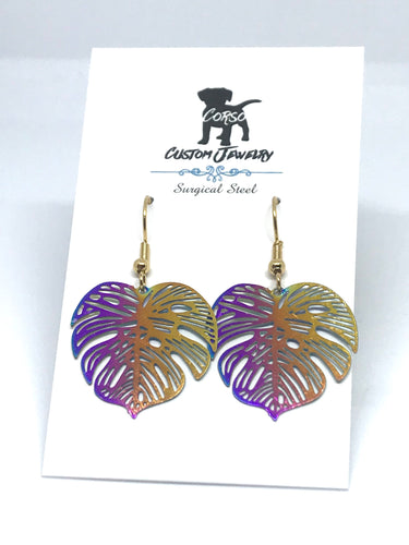 Rainbow Monstera Drop Earrings