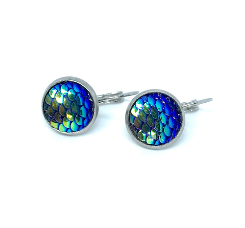 12mm Dark Blue Mermaid Leverback Drop Earrings (Stainless Steel)
