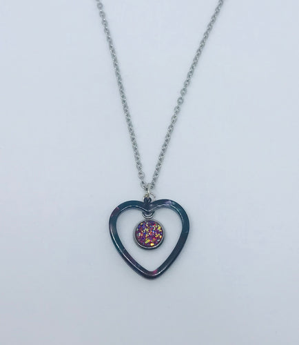 Dark Pink Druzy Heart Necklace #4 (Stainless Steel)