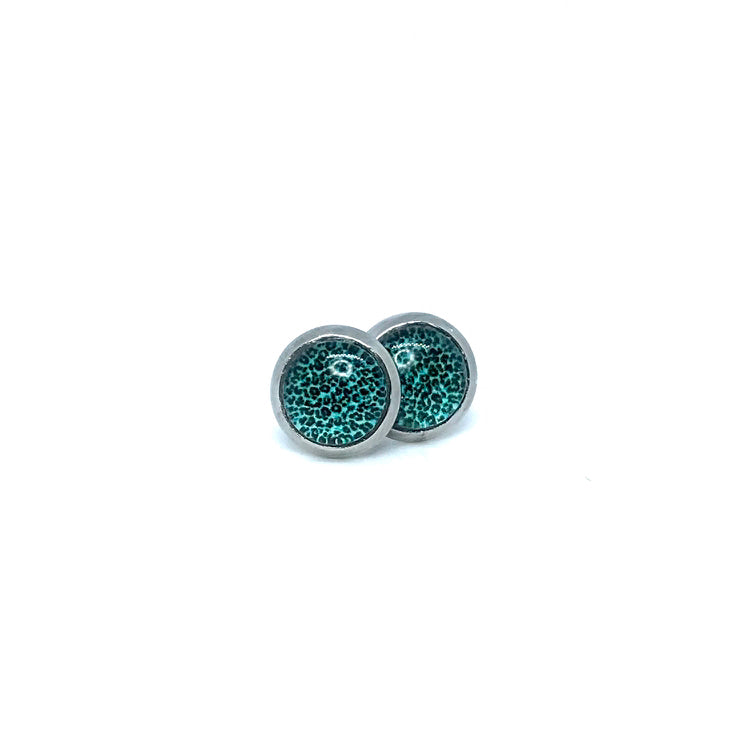 8mm Teal Leopard Print Studs (Stainless Steel)