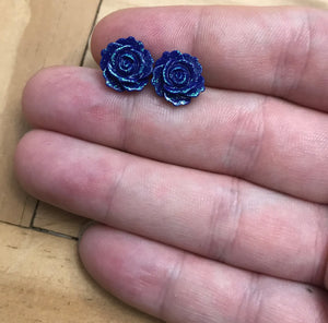Shimmering Rose Studs in Navy Blue (No Metal)
