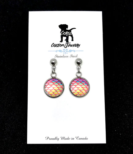 12mm Pink Glass Mermaid Drop Studs (Stainless Steel)