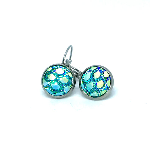 12mm Mythical Lake Blue Mermaid Leverback Drop Earrings (Stainless Steel)