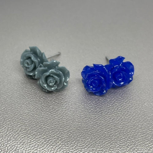 Rose Stud Set in Navy Blue & Grey (Stainless Steel)