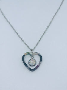 White Druzy Heart Necklace #1 (Stainless Steel)