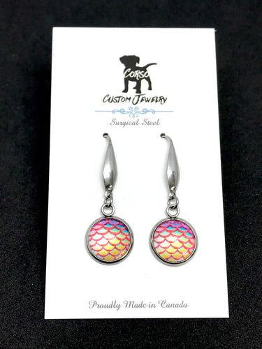 12mm Pink Glass Mermaid Drop Earrings (Surgical Steel)
