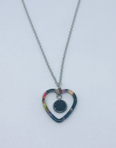 Black Druzy Heart Necklace #2 (Stainless Steel)