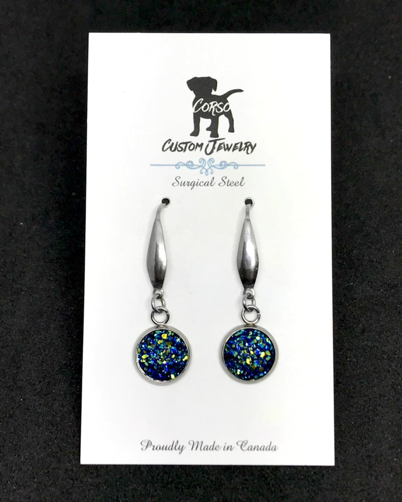 10mm Galaxy Blue Druzy Drop Earrings (Surgical Steel)
