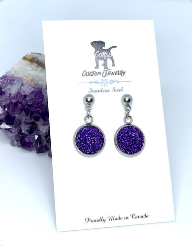 12mm Amethyst Shimmer Druzy Drop Studs (Stainless Steel)