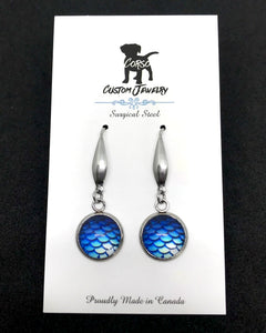 12mm Blue Glass Mermaid Drop Earrings (Surgical Steel)