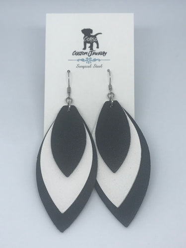 Black and White Layered Leather Drop Earrings (Surgical Steel)