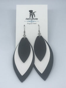 Black and White Layered Leather Drop Earrings (Surgical Steel)