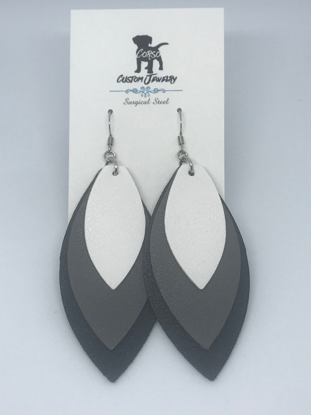 Shades of Grey Layered Leather Drop Earrings (Surgical Steel)
