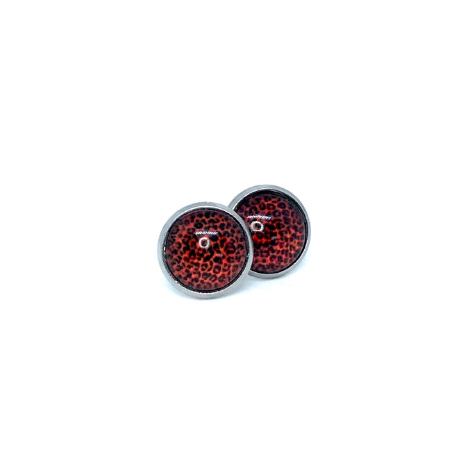 10mm Red Leopard Print Studs (Stainless Steel)