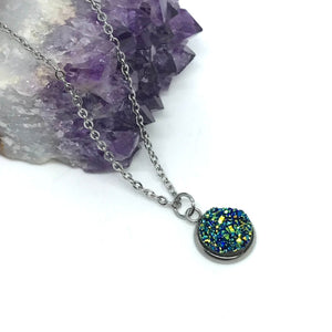 Galaxy Blue Druzy Necklace (Stainless Steel)
