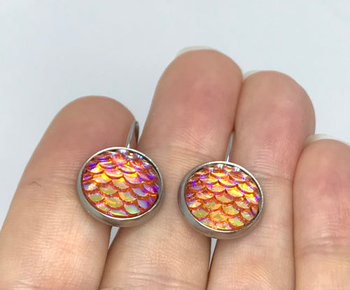 12mm Orange Mermaid Leverback Drop Earrings (Stainless Steel)