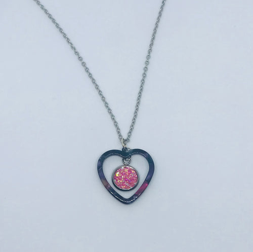 Pink Druzy Heart Necklace (Stainless Steel)