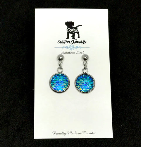12mm Lake Blue Mermaid Drop Studs (Stainless Steel)