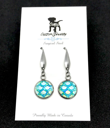 12mm Mythical Lake Blue Mermaid Drop Earrings (Surgical Steel)