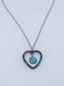 Lake Blue Druzy Heart Necklace #2 (Stainless Steel)