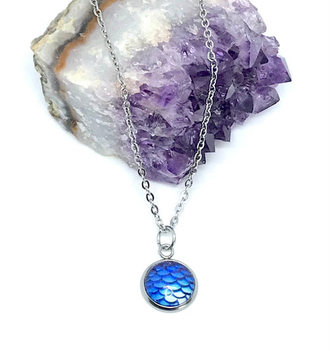 12mm Blue Glass Mermaid Necklace (Stainless Steel)