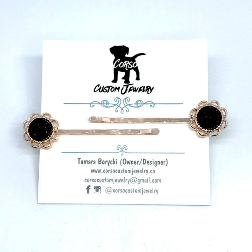 Black Druzy Floral Rose Gold Hair Pins