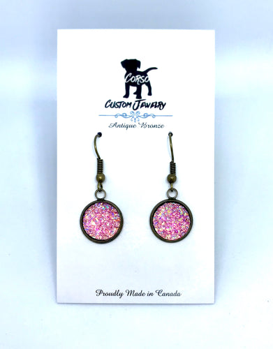12mm Pink Druzy Drop Earrings (Antique Bronze)