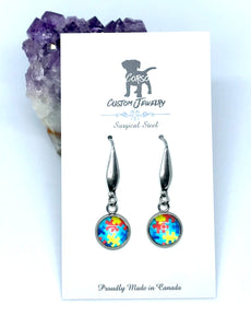 10mm Autism Awareness Puzzle Piece Drop Earrings (Surgical Steel)