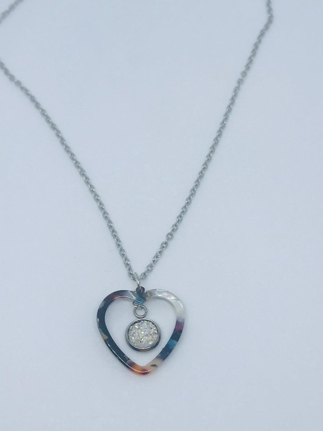 White Druzy Heart Necklace #2 (Stainless Steel)