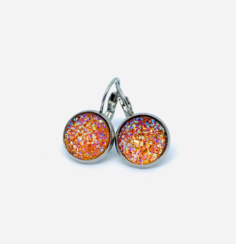 12mm Orange Druzy Leverback Drop Earrings (Stainless Steel)