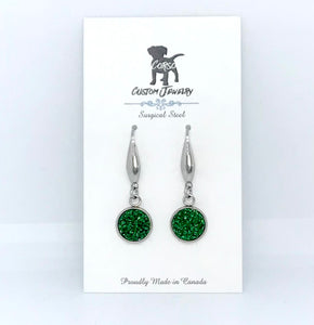 10mm Emerald Shimmer Druzy Drop Earrings (Surgical Steel)