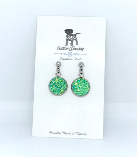 12mm Tropical Green Druzy Drop Studs (Stainless Steel)