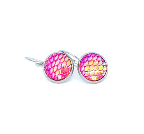 12mm Pink Mermaid Leverback Drop Earrings (Stainless Steel)