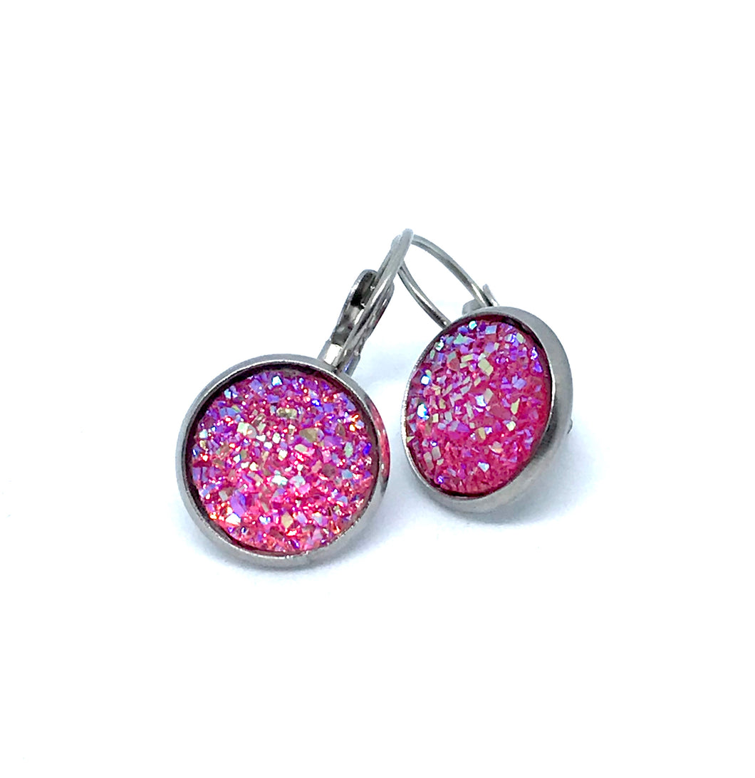 12mm Pink Druzy Leverback Drop Earrings (Stainless Steel)