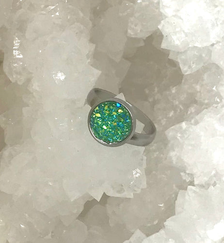 10mm Green Druzy Ring (Stainless Steel) - Size 7 Only