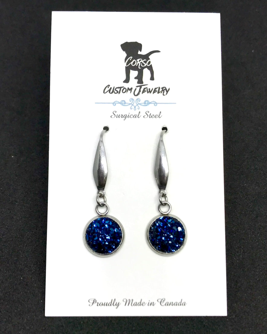 10mm Denim Blue Druzy Drop Earrings (Surgical Steel)