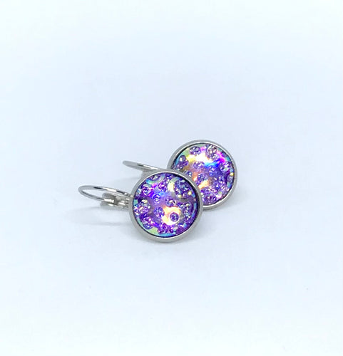 12mm Purple Whirlpool Druzy Leverback Drop Earrings (Stainless Steel)