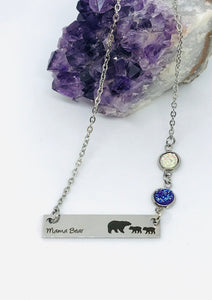 Mama Bear Birthstone Necklace with Two Cubs (Stainless Steel)