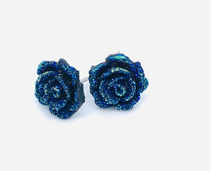 Blue Druzy Rose Studs